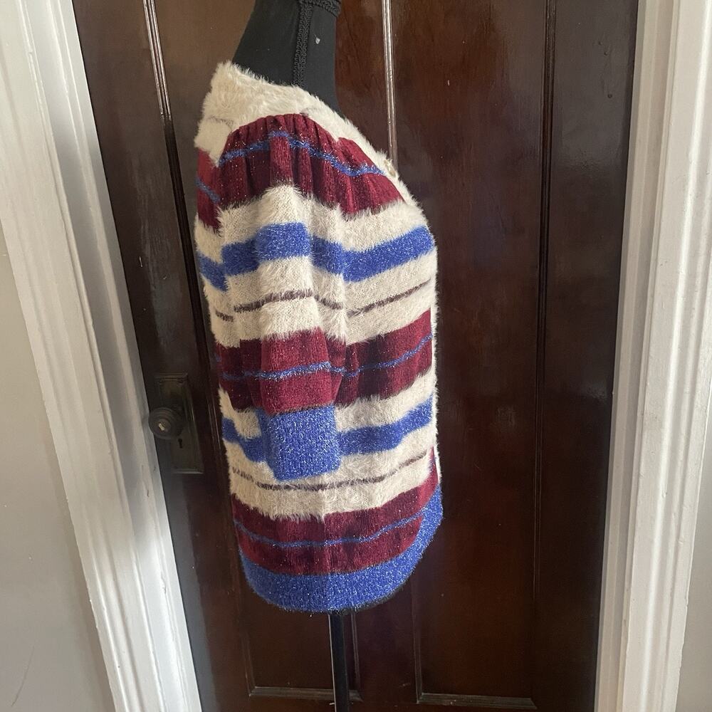 Maeve Anthropologie Short Sleeve Cardigan Sweater Womens LARGE Red Blue Sparkle - Picture 6 of 11